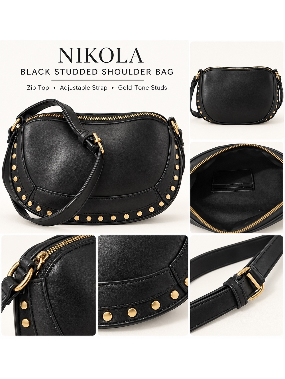 NIKOLA Black Studded Saddle Shoulder Bag